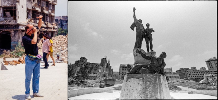 Beyrouth, Place Des Canons, 1991   A Gauche, Le Making Of Signé Fabrice De Pierrebourg ; À Droite, Ma Photo Réalisée Avec Un Nikon F Et Un 18 Mm F/4 Sur Ilford HP5. Photo © Sebastien Desnoulez