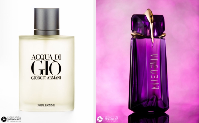 Natures mortes en studio flacons de parfum : Acqua Di Gio de Giorgio Armani et Alien de Thierry Mugler - Photo : © Sebastien Desnoulez Photographe