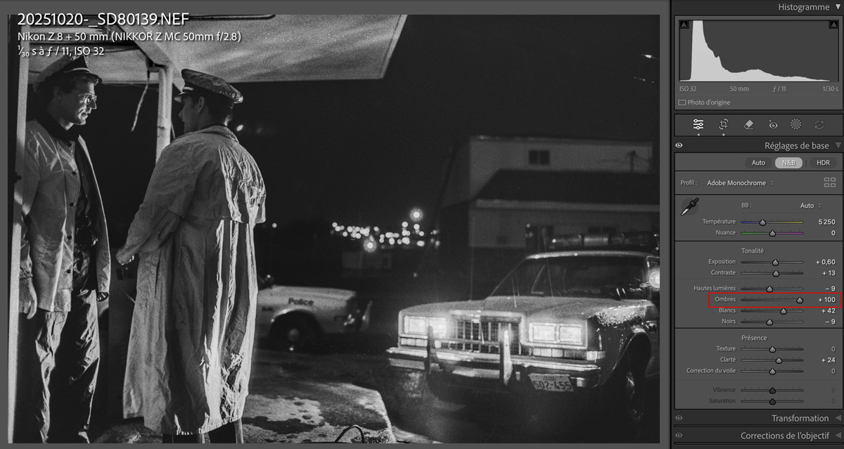 Réglages de base inversés Lightroom - curseur Ombres