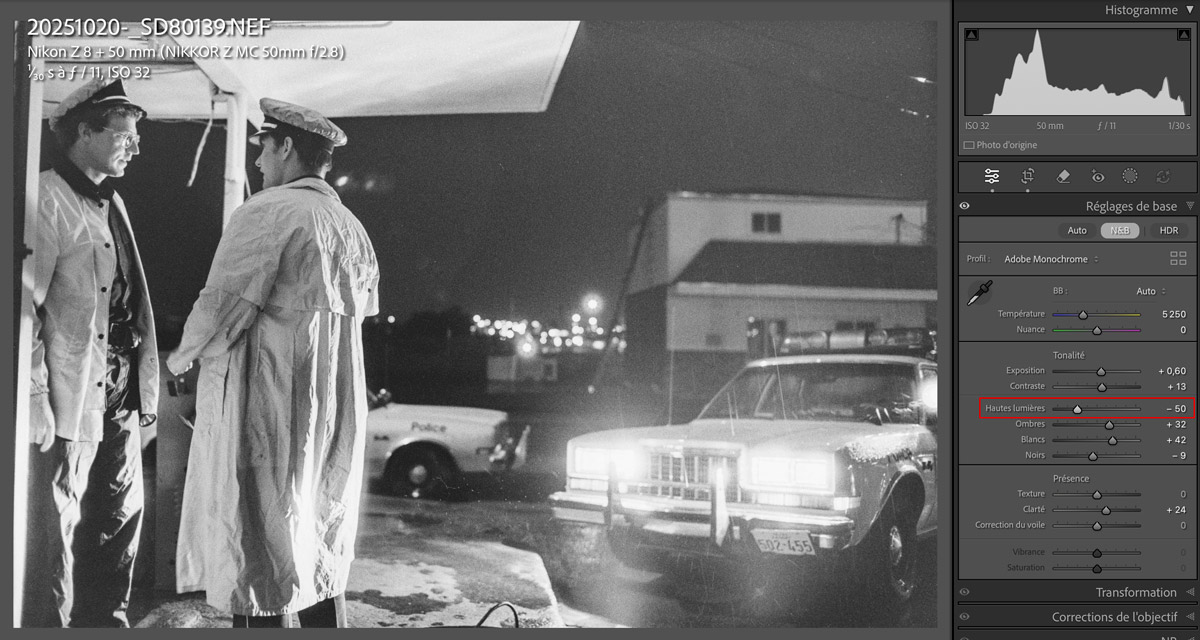 Réglages de base inversés Lightroom - curseur Hautes lumières